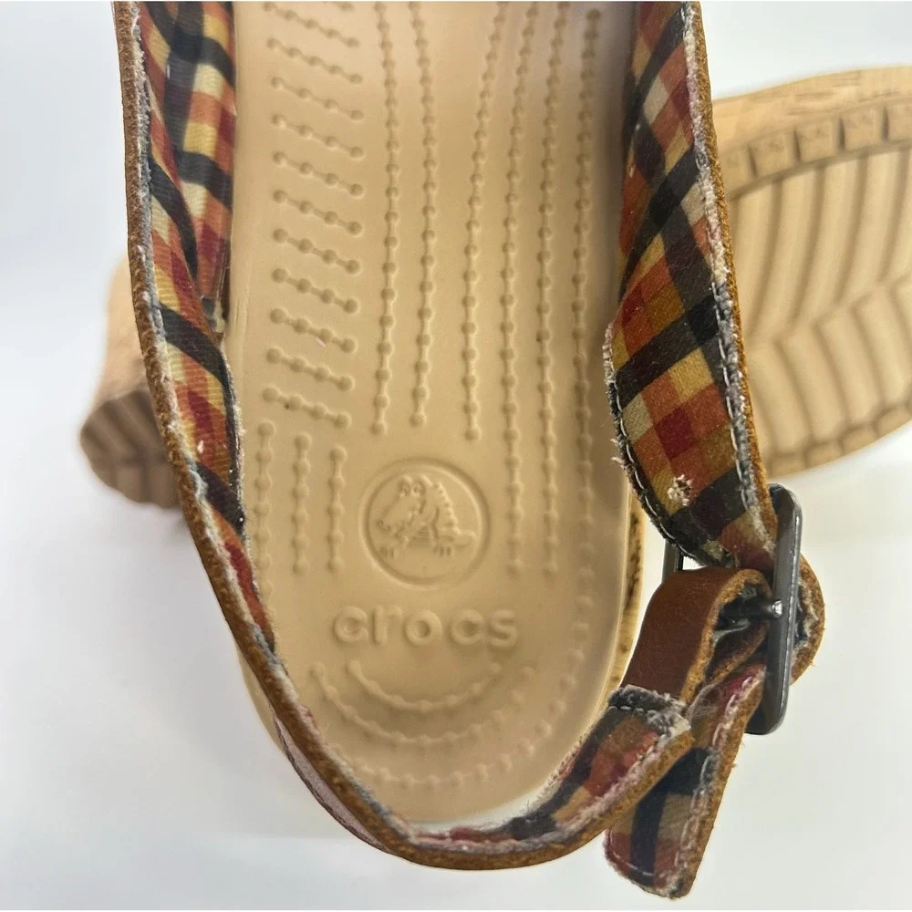 Crocs A-Leigh Brown Leather Cork Wedge Sandals Slingback Peep Toe Comfort Size 8
